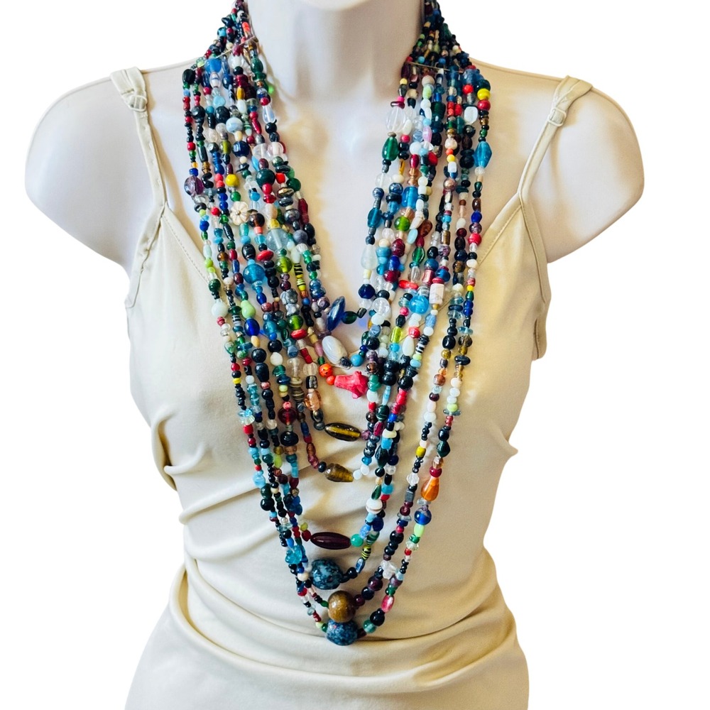 VTG Long Multi Necklace Colorful Murano Glass Beaded End of Day Statement BOHO - Picture 4 of 5